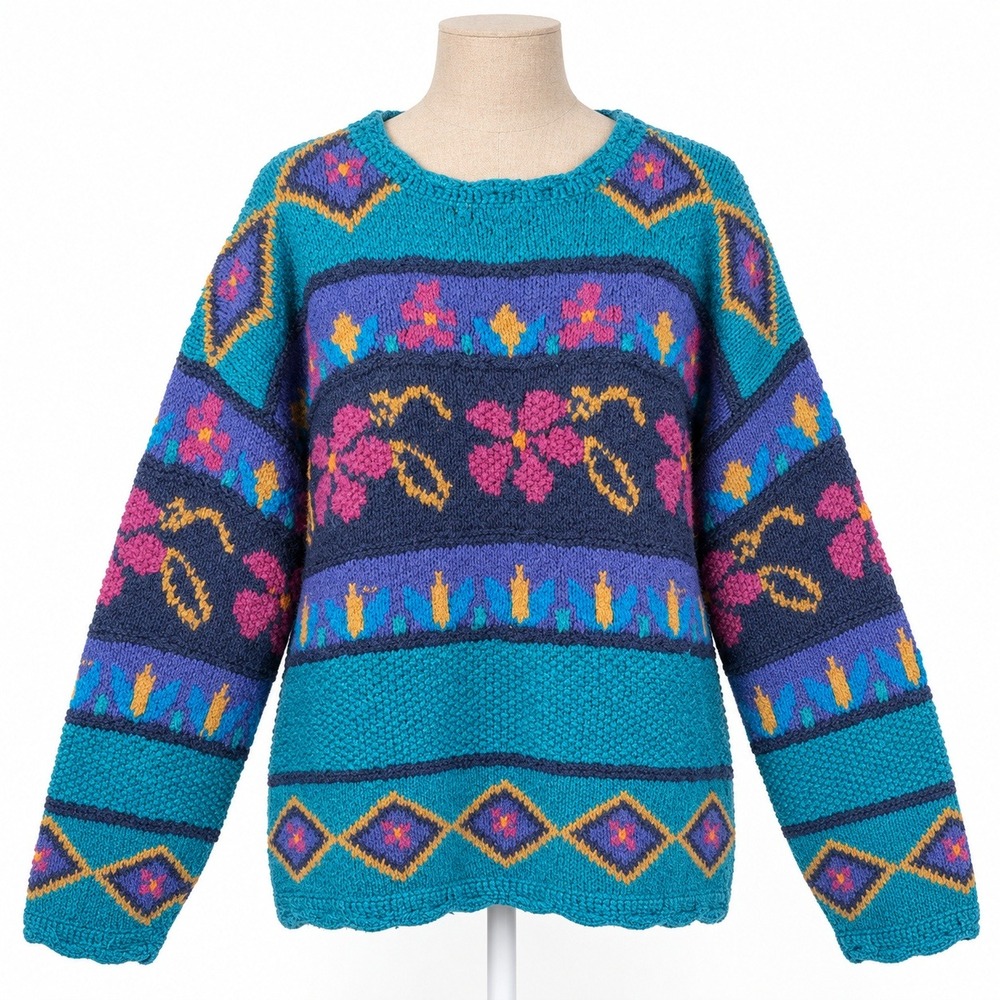 Vintage 90s Floral Geometric Chunky Knit Sweater Size M Blue Cottagecore Granny